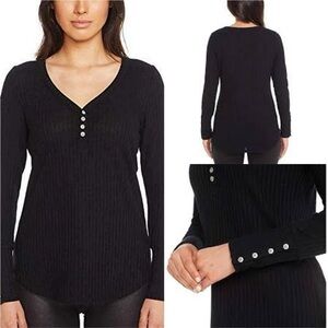 Chaser Size M Black Waffle Knit Henley Long Sleeve Thermal Style Top